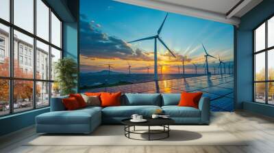 Solar Panels and wind turbine at sunset - Energy Concept Wall mural