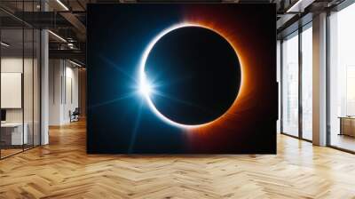 A dramatic solar eclipse with radiant solar flares and a darkened moon silhouette against a black sky Wall mural