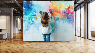 Cute little boy painting with brush on colorful wall. Child learning to paint Wall mural