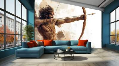 Lord Rama aiming his bow at ten-headed Ravana, white background Wall mural