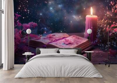 Opened book of spell and candle in starry background Wall mural