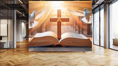 The cross of Jesus Christ on the background of the open Bible and the flying dove Wall mural