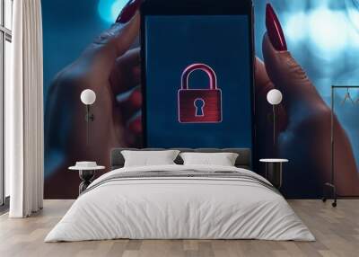 Two hands holding a smartphone with a padlock icon on the screen , Data security concept Wall mural