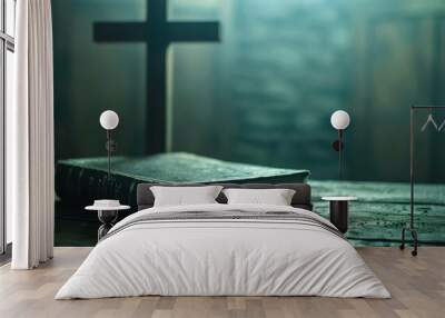 Wooden cross on a bible with smoke coming out of it. Wall mural