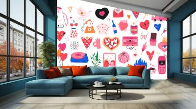 Set of hand drawn Valentine's day quirky elements - cartoon flat vector illustration isolated on white background. Colorful love symbols - hearts with funny faces, pizza in shape of heart, music tape. Wall mural