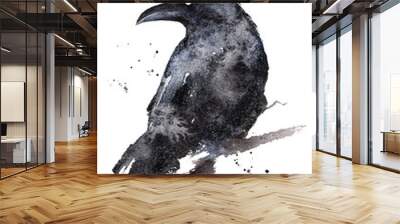 Black watercolour raven sitting on a wooden pole. Crow - gothic black and white illustration Wall mural