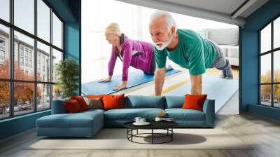  senior stretching exercise woman training lifestyle sport fitness home healthy man couple together pilates gym exercising fit yoga meditation Wall mural