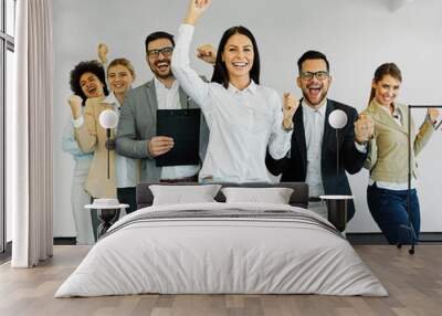 businessman business team businesswoman success meeting celebration colleague office teamwork happy cheerful celebrating group startup student friend Wall mural