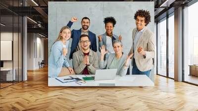 businessman business team businesswoman success meeting celebration colleague office teamwork happy cheerful celebrating group startup student friend Wall mural