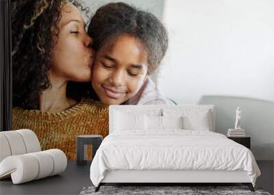 child mother family parent home woman happy daughter kid hug portrait together childhood girl mom female little young love fun beautiful black african american Wall mural