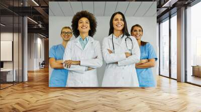 doctor hospital team medical nurse health woman female medicine teamwork professional healthcare clinic group unity care occupation happy portrait together cheerful Wall mural