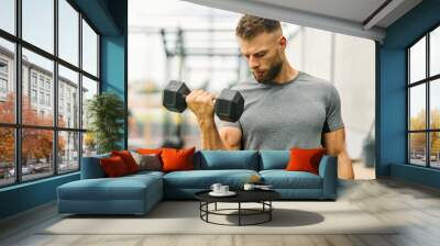 gym sport fitness exercise health man weight training dumbbell weightlifting bodybuilding trainer power barbell bodybuilder strong healthy fit workout Wall mural