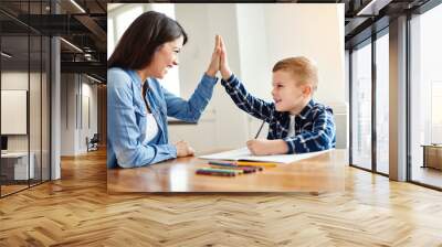 homework teaching boy high five education mother children son familiy childhood Wall mural