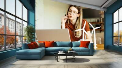 laptop computer girl woman home female internet young office business student  windmill energy environment electricity power innovation model ecology renewable eco green Wall mural