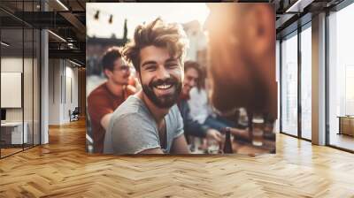 man young cafe happy fun lifestyle friend friendship together drink smiling group coffee shop table talking bar student generative ai Wall mural