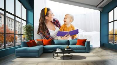 mother child baby bood reading education learning having fun family happy childhood care  boy sun Wall mural