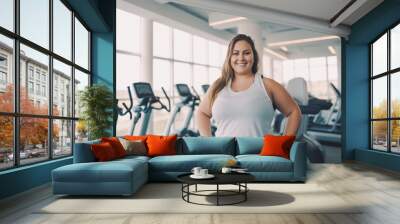 overweight woman gym sport fitness exercise body health fat exercising weight training fit diet activity obesity workout young loss active healthy athlete girl aerobic plus size generative ai Wall mural