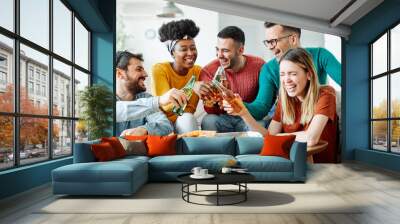 party pizza beer young people friends having fun Wall mural