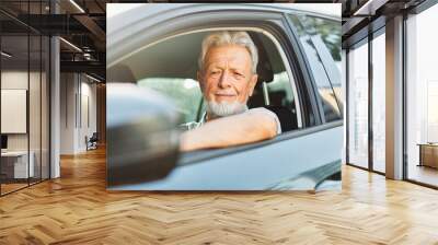 senior car couple woman man driving happy old retirement elderly retired lifestyle vehicle travel mature adult transport male female automobile auto drive transportation Wall mural