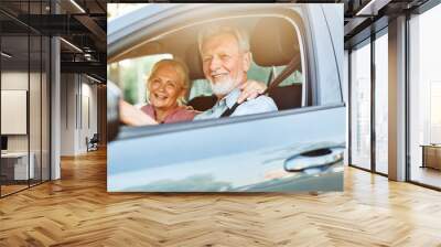 senior car couple woman man driving happy old retirement elderly retired lifestyle vehicle travel mature adult transport male female automobile auto drive transportation Wall mural