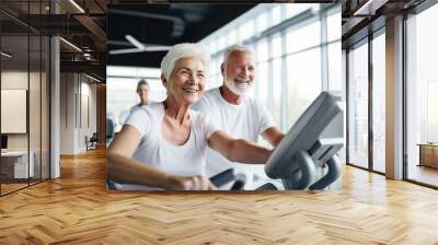 senior woman man exercise gym fitness couple sport healthy elderly health training active happy treadmill old fit mature female adult workout body vitality Wall mural