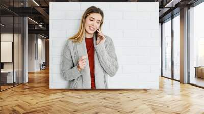 smartphone phone woman young female girl mobile happy technology beautiful communication mobile phone adult portrait cellphone lifestyle using Wall mural