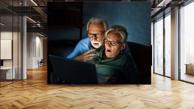 television watching couple laptop night home evening horror scared elderly senior mature active old scary computer tv fear shock woman man movie entertainment fun emotion thriller Wall mural