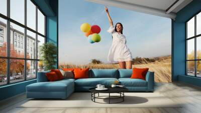 woman balloon girl outdoor fun happy lifestyle running happiness nature summer vitality healthy carefree Wall mural