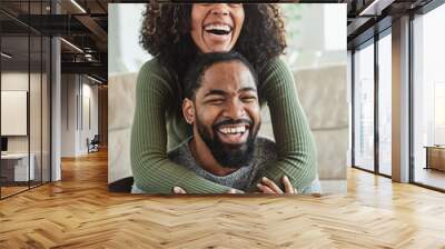 woman couple man happy happiness  love black young lifestyle together romantic boyfriend girlfriend laughing hug Wall mural