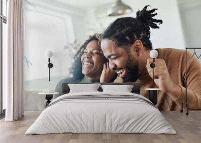 woman couple man happy happiness  love black young lifestyle together romantic boyfriend girlfriend music listening sound tablet earphones headphones entertainment Wall mural