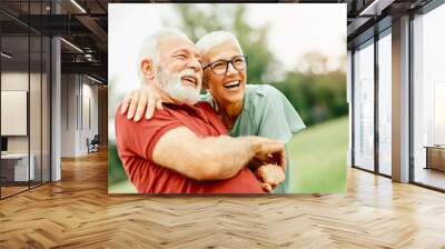 woman man outdoor senior couple happy lifestyle retirement together smiling love fun elderly active vitality nature mature Wall mural