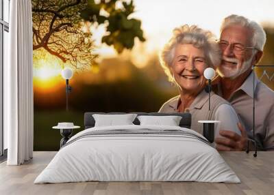 woman man senior couple happy retirement together elderly hug active bonding park outdoor sitting bench leisure fun smiling love old nature wife happiness mature Wall mural