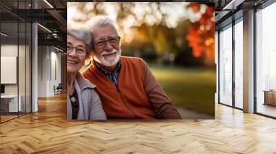 woman man senior couple happy retirement together elderly hug active bonding park outdoor sitting bench leisure fun smiling love old nature wife happiness mature Wall mural