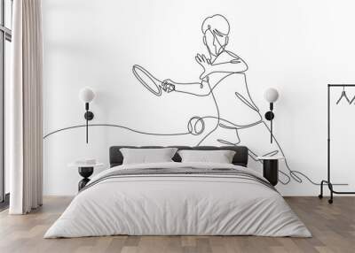 Continuous line tennis player vector. Wall mural