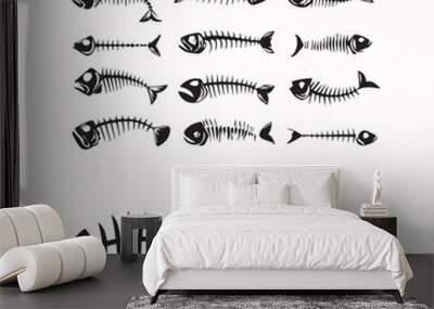 Fishbone icon, fishbone isolated skeleton vector silhouette. Cartoon dead fish bone of caudal vertebrae and sea herring head skull Wall mural