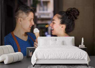 Couple in love in Barcelona streets, el Born neighborhood Wall mural