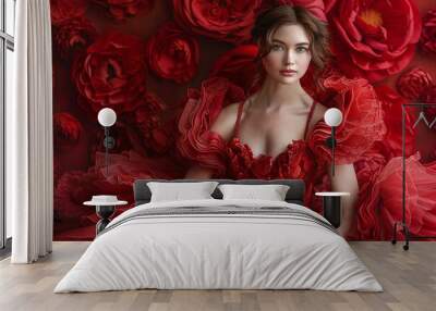 Elegant woman in luxurious red floral gown surrounded by roses. High-fashion portrait with floral theme. Romantic and beauty concept for design and print Wall mural