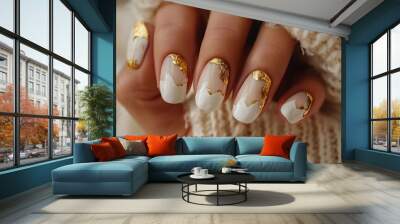 Nail art, Hand with white nails and gold foil accents. Elegant nail art design for luxury fashion and beauty concept Wall mural