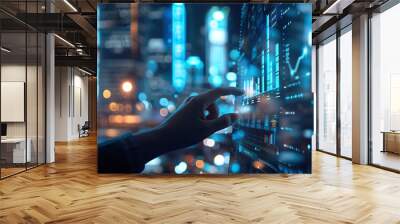 Person interacting with futuristic digital interface with graphs and data analytics on a touchscreen. Technology and business concept. Design for website header, banner, background Wall mural