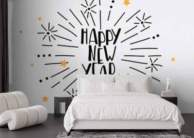 Hand Drawn Happy New Year Greeting Card with vector firework Wall mural