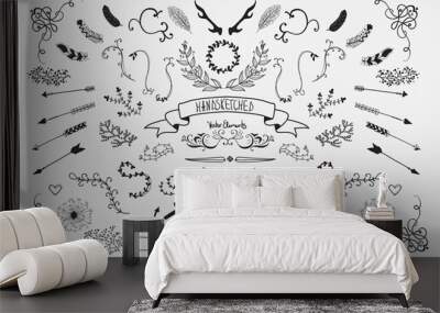 Hand Drawn vintage floral elements. Set of flowers, arrows and decorative elements.
 Wall mural