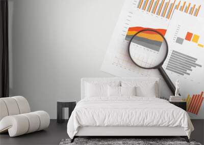 Business graphs, charts and magnifying glass on table. Financial development, Banking Account, Statistics Wall mural