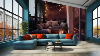 A cozy seating area on the balcony with a comfortable chair, table, candles and flower pots. AI generated Wall mural