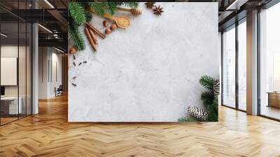 Christmas culinary background for menu or recipe. Spices for baking and fir branches on concrete. Wall mural