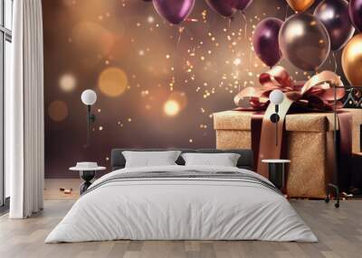 Elegant holiday banner with balloons, gifts and bokeh lights. Background, copy space, birthday and anniversary concept. Wall mural