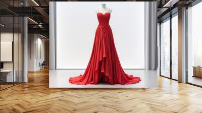 Elegant luxury women's red dress on a mannequin in window display in shopping center. Dress for reception or celebration. Wall mural