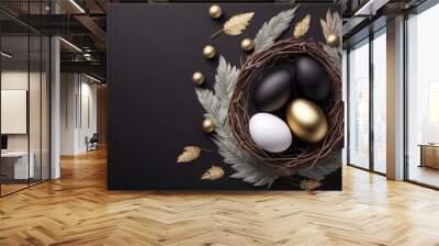 Elegant stylish Easter background. Nest with gold and black decor. Template for Design. Mock Up. AI generated. Wall mural