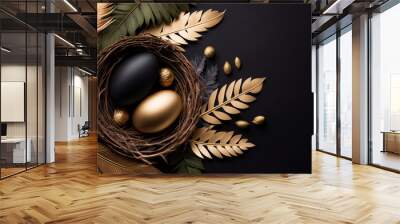 Elegant stylish Easter background. Nest with gold and black decor. Template for Design. Mock Up. AI generated. Wall mural