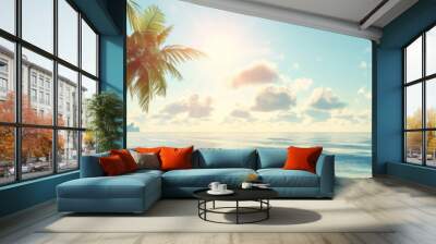 Island Daydream, Serene Beach Morning with Sunlit Palms. Vacation banner. Tourism and travel concept Wall mural