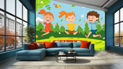 Joyful children celebrating Children's Day in a vibrant outdoor setting. Concept of childhood, joy, and nature. Wall mural